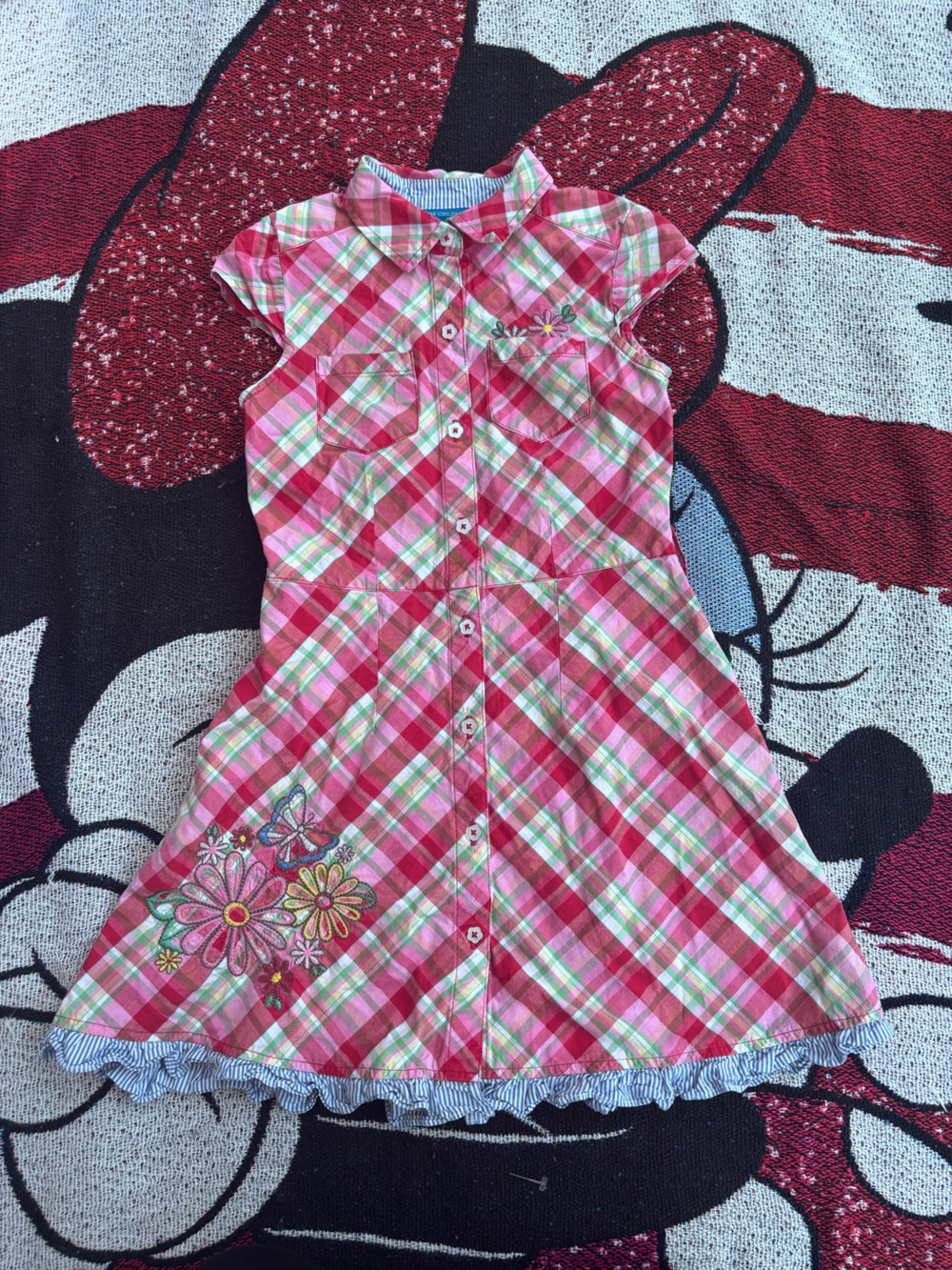 THE CHILDRENS PLACE PLAID EMBROIDERED FLOWER BUTTERFLY GIRLS DRESS SIZE 6X/7